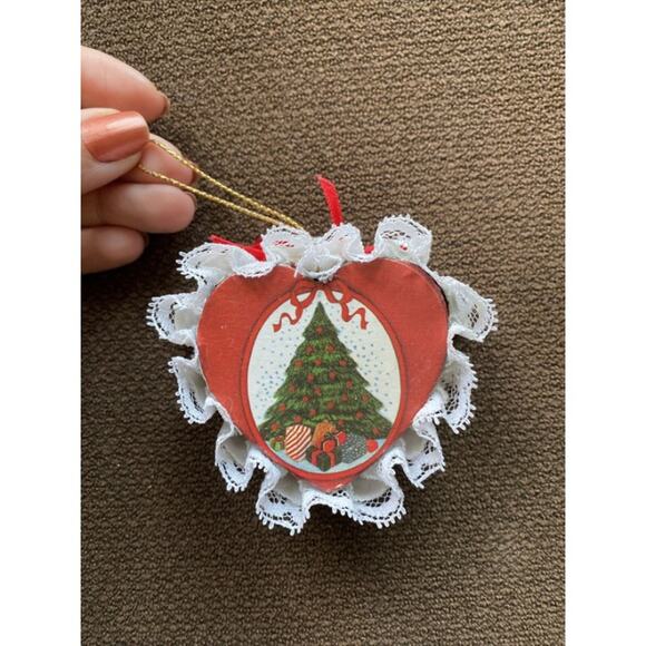 Handmade Red Wooden Heart Decoration Christmas Tree Ribbon White Ornament Cute - Picture 1 of 11
